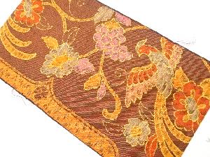 未使用品　手織り真綿紬　葡萄・花唐草模様織り出し　名古屋帯